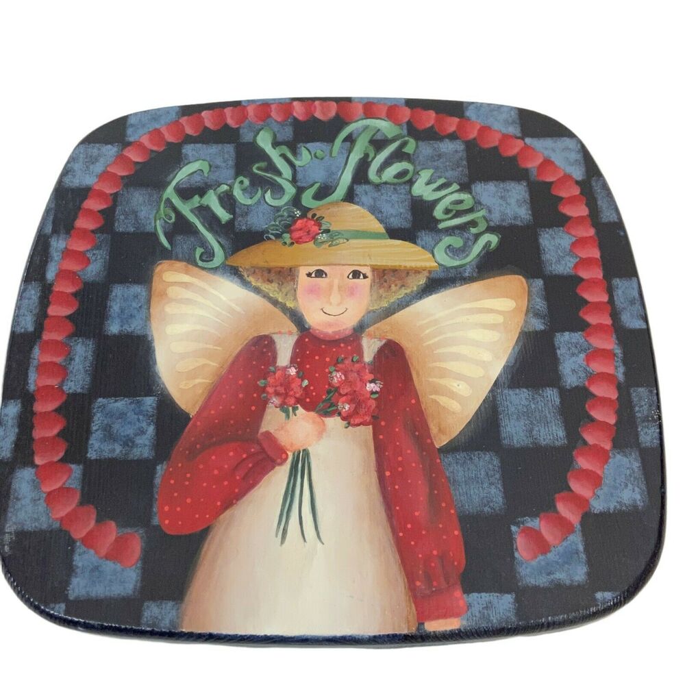 Fresh Flowers Painted Trivet Vintage Multicolor Garden Angel Country Chic Cute